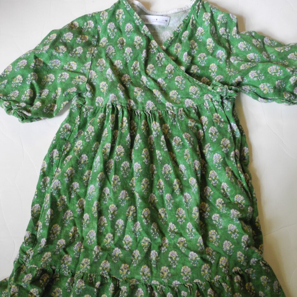 Zara girls linen viscose green floral wrap dress size 6 116 EUC